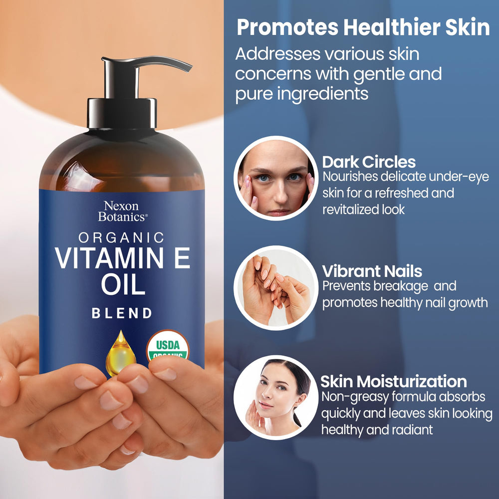 Nexon Botanics Vitamin E Oil Blend under-eye application promoting plump look.