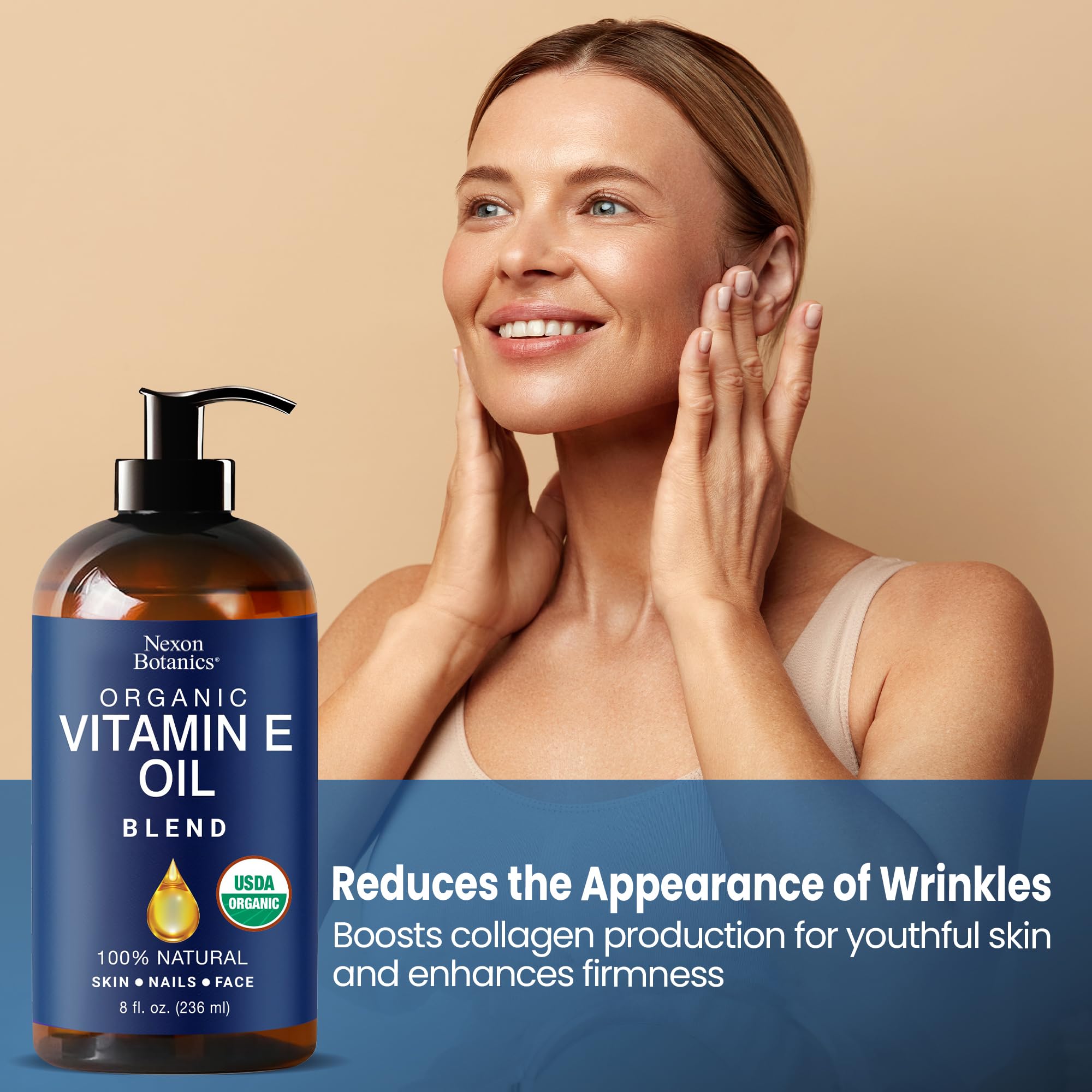 Nexon Botanics Vitamin E Oil Blend USA-made, chemical-free formulation.