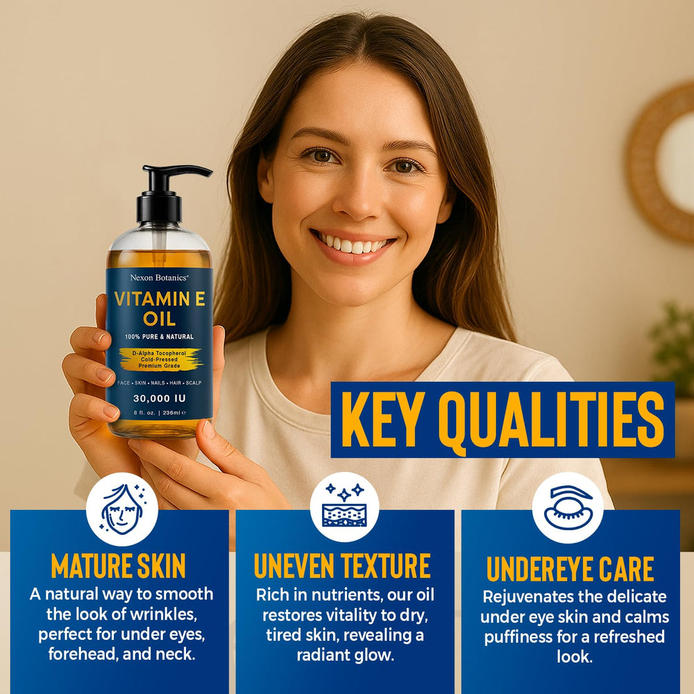 Nexon Botanics Aceite de Vitamina E aplicado en la mano para rostro y cuerpo.