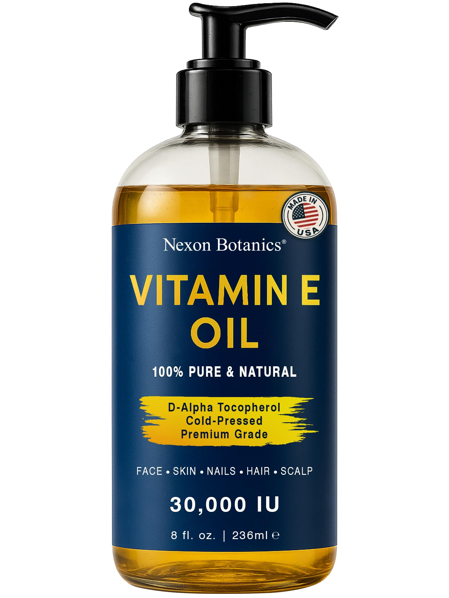 Nexon Botanics Aceite de Vitamina E puro vertido para hidratación rápida.