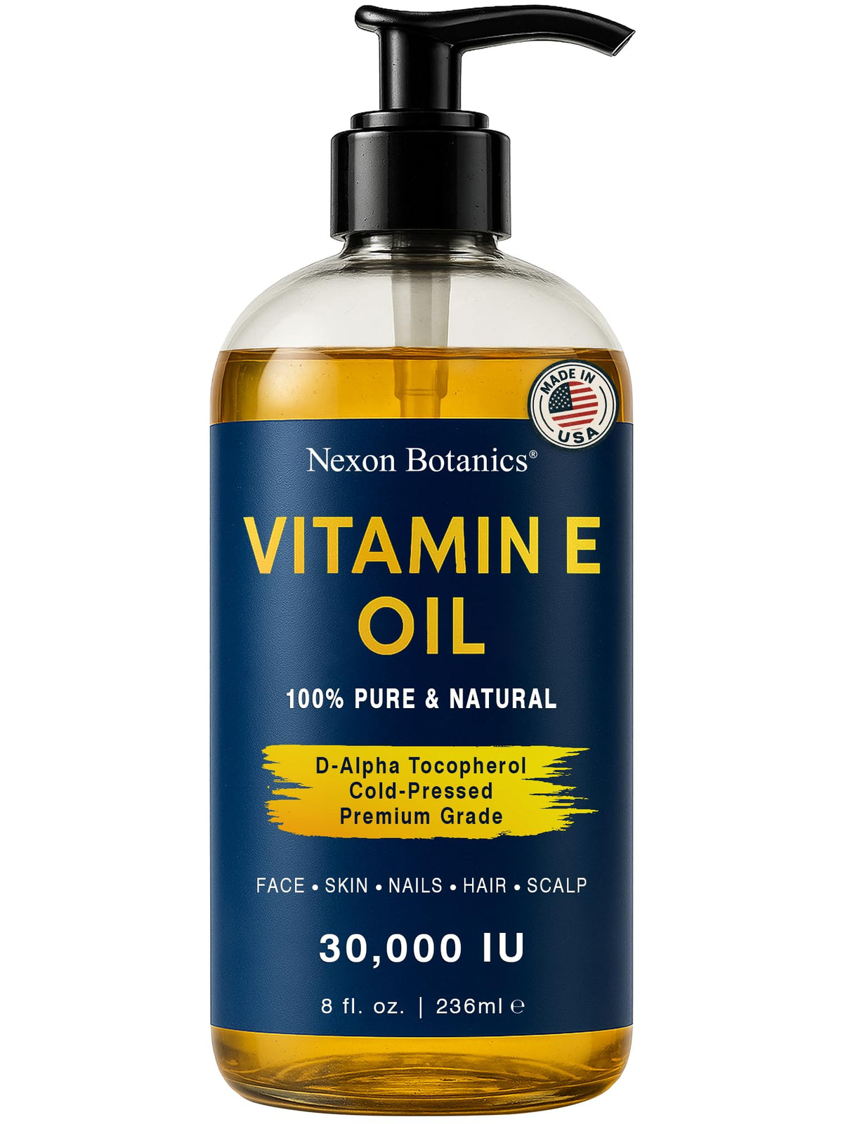 Nexon Botanics Aceite de Vitamina E puro vertido para hidratación rápida.