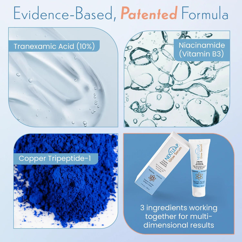 Next Leap Glow Serum application on cheek demonstrates even-toned complexion potential.