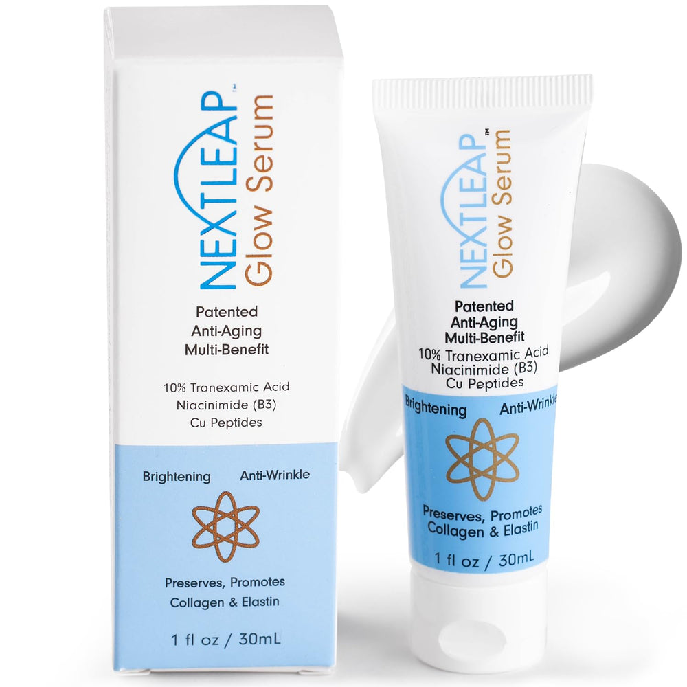 Next Leap Glow Serum bottle front showing premium anti aging formula for firmer, smoother skin.