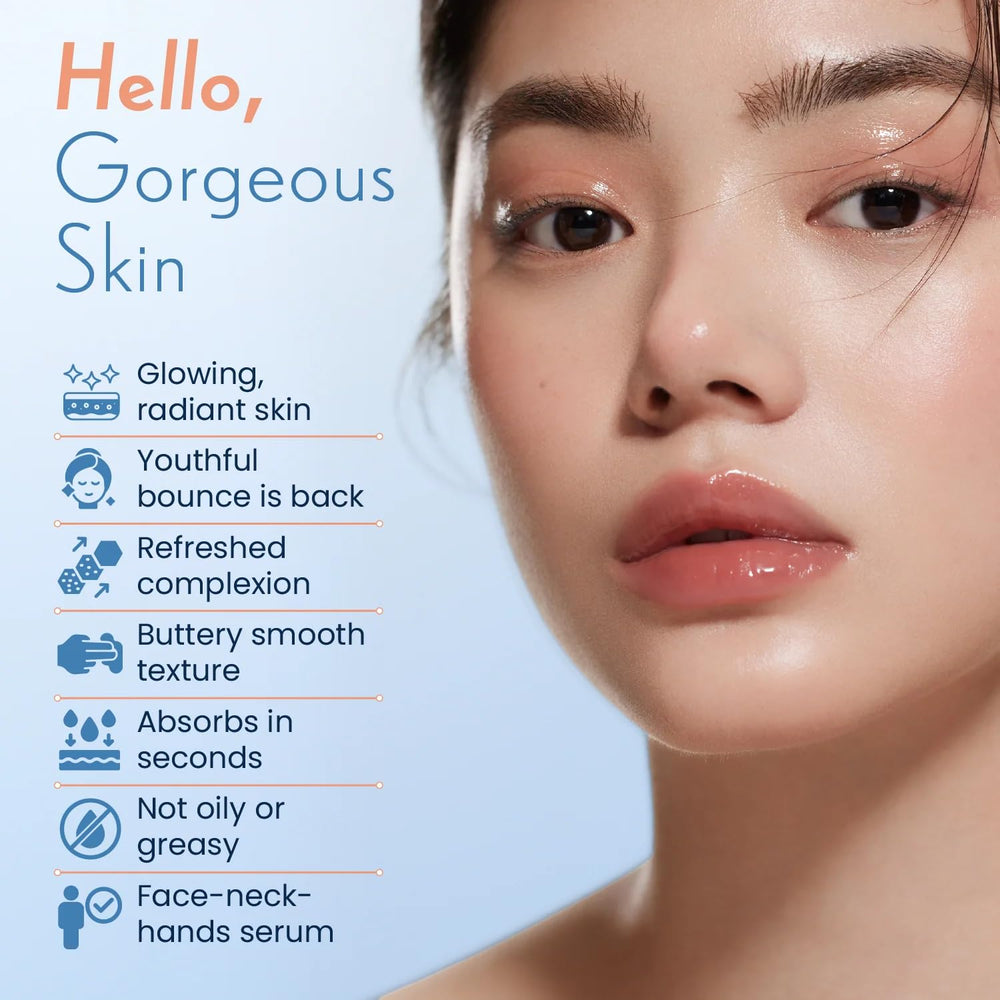 Next Leap Glow Serum cap-dispense demonstrates easy, weightless application.