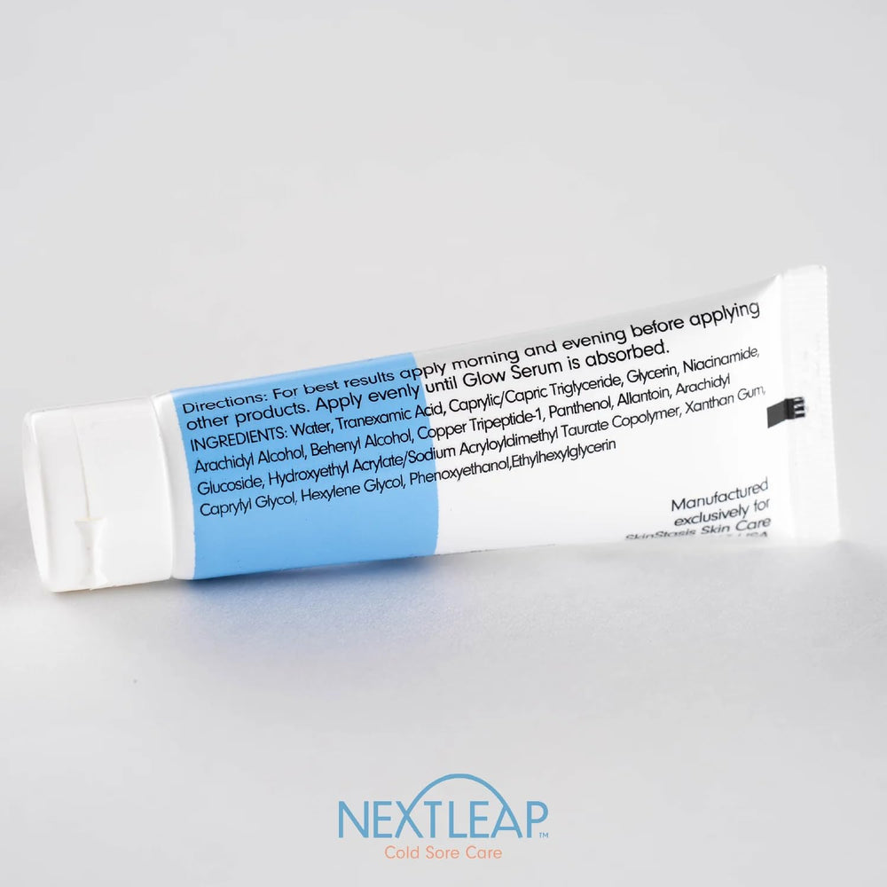 Next Leap Glow Serum ingredients label highlights Tranexamic Acid and Niacinamide.