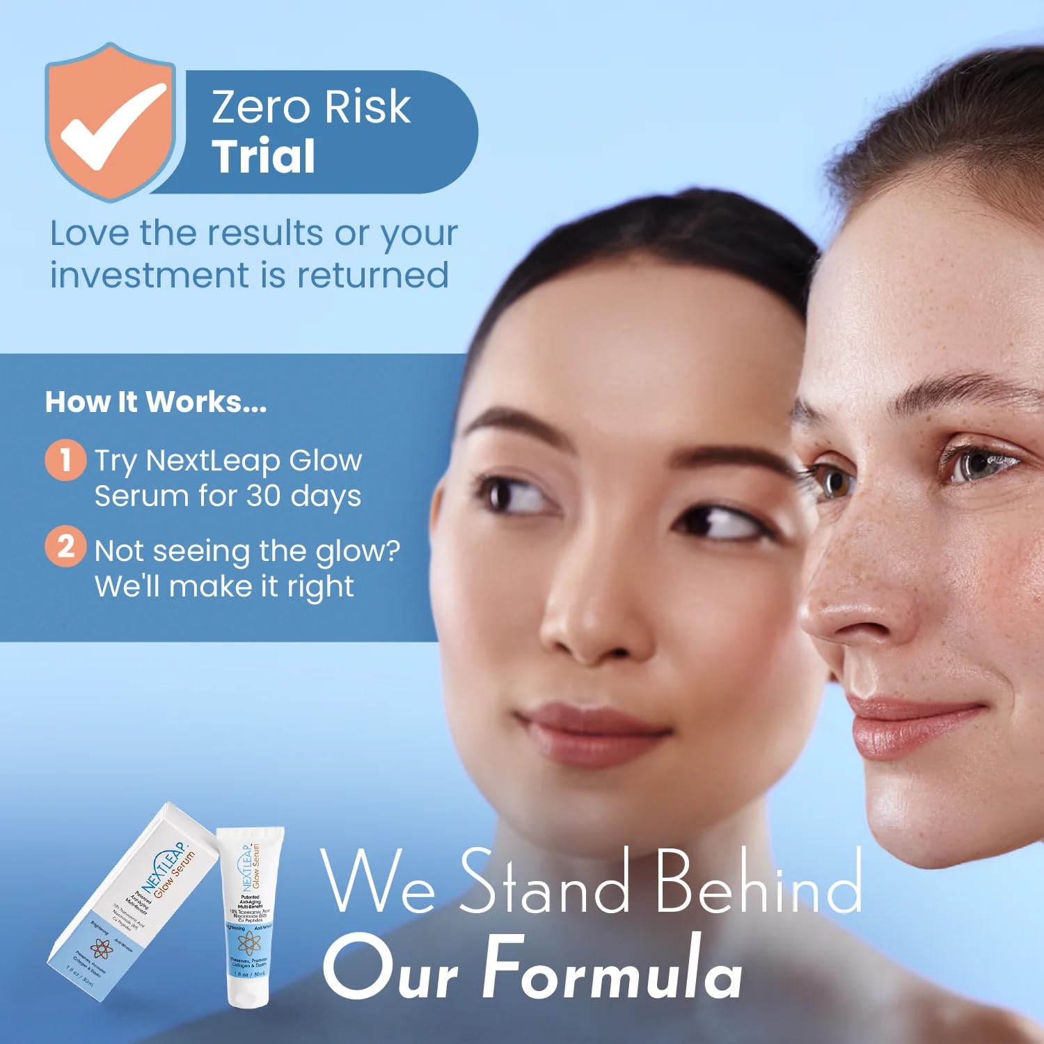 Next Leap Glow Serum standing-cap demonstrates precise, mess-free dispensing.