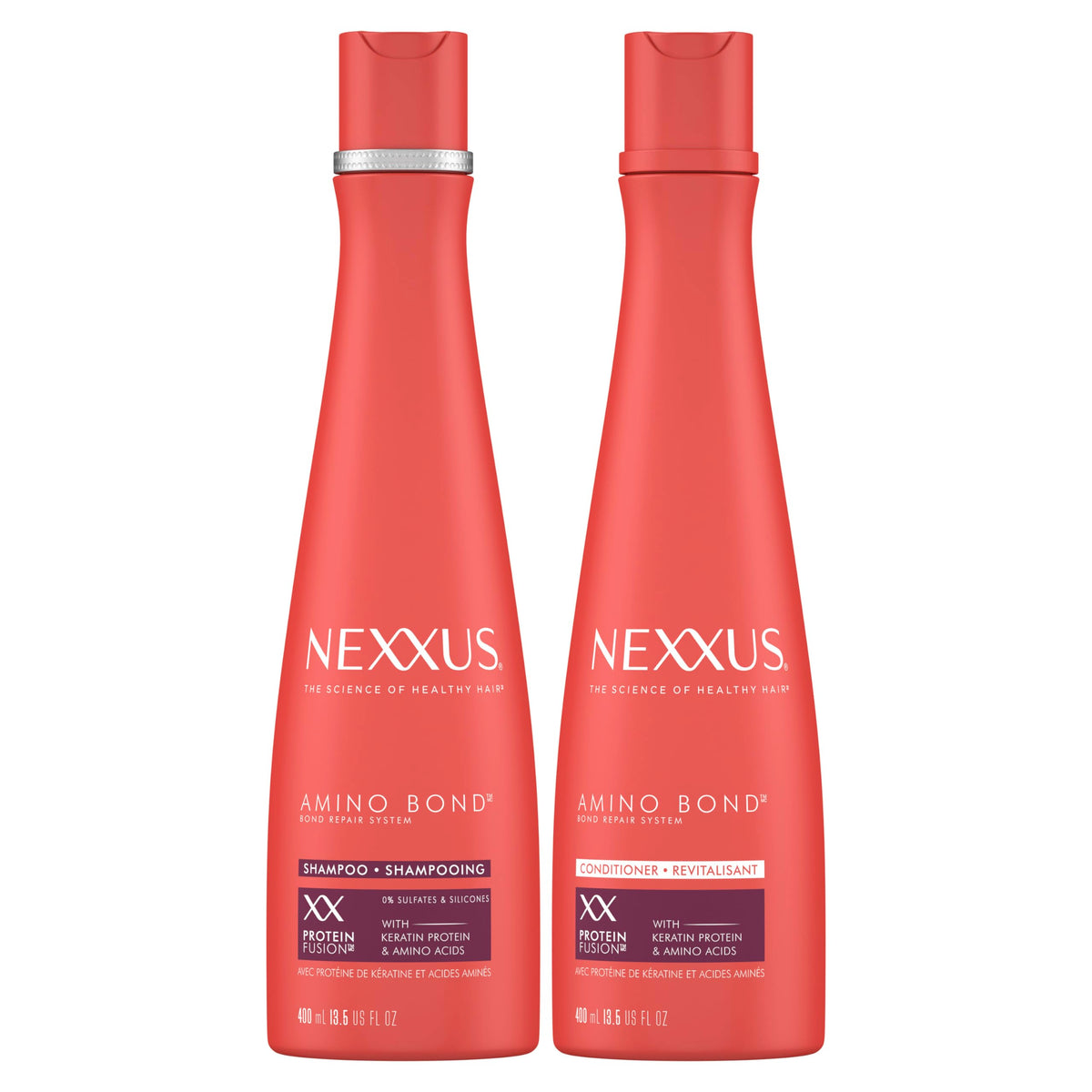 Nexxus Bond Repair Shampoo bottle illustrates bond-building science for stronger hair