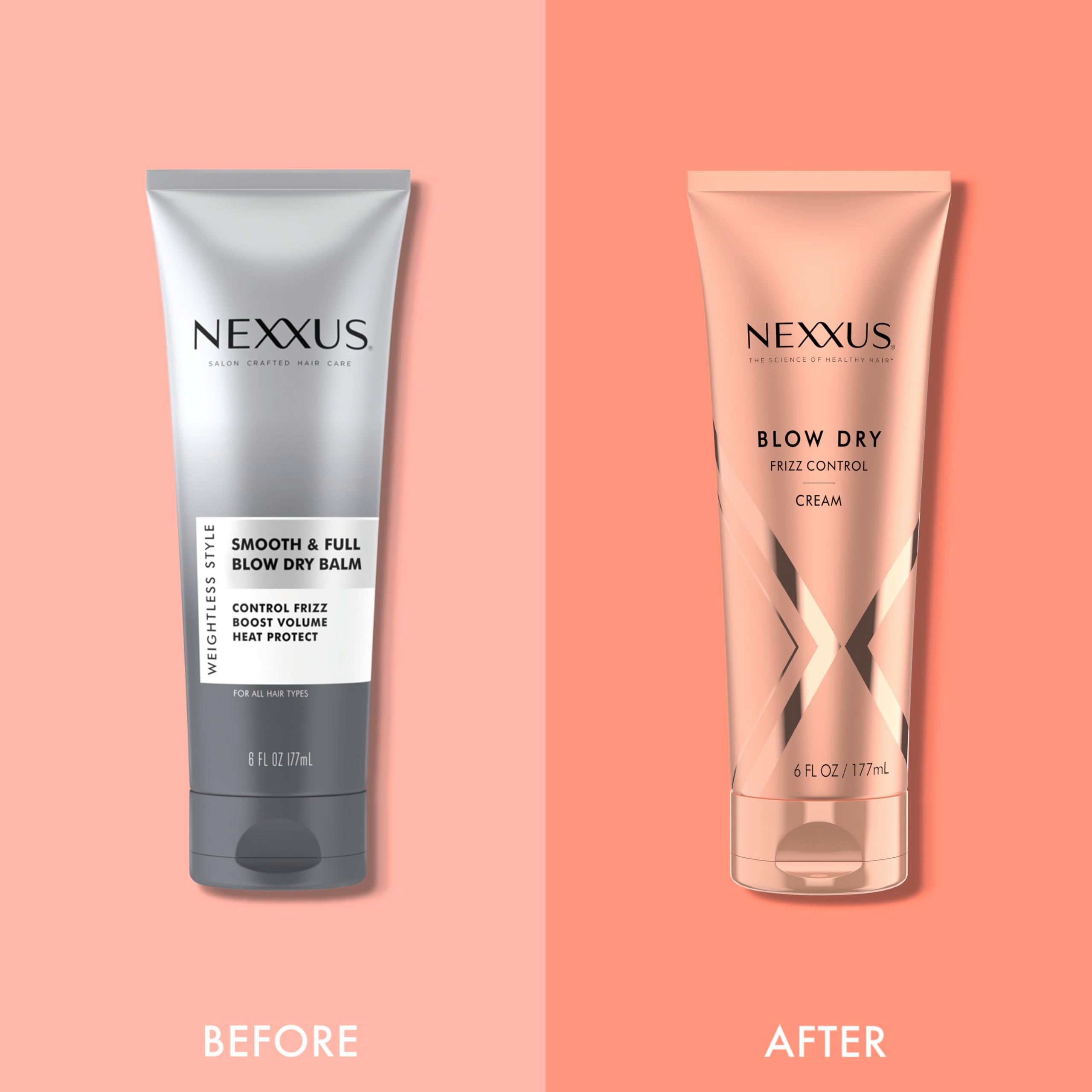 Nexxus bottle with hair and styling brush ready for routine