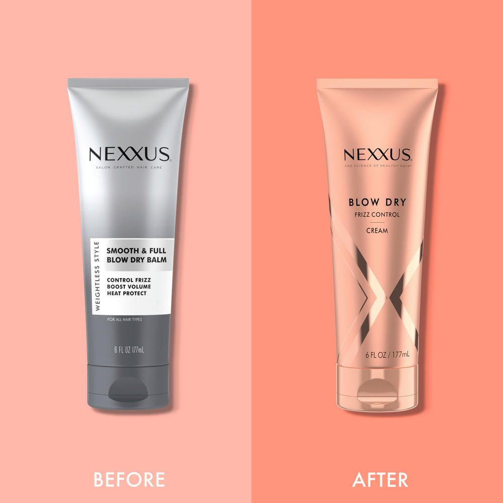 Nexxus bottle with hair and styling brush ready for routine