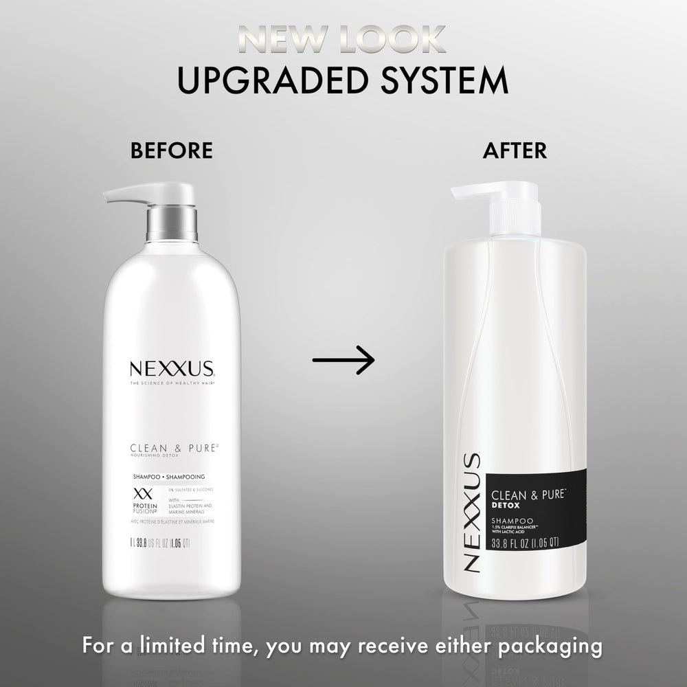 Nexxus Clean and Pure Clarifying Shampoo closeup label highlights silicone-free formula