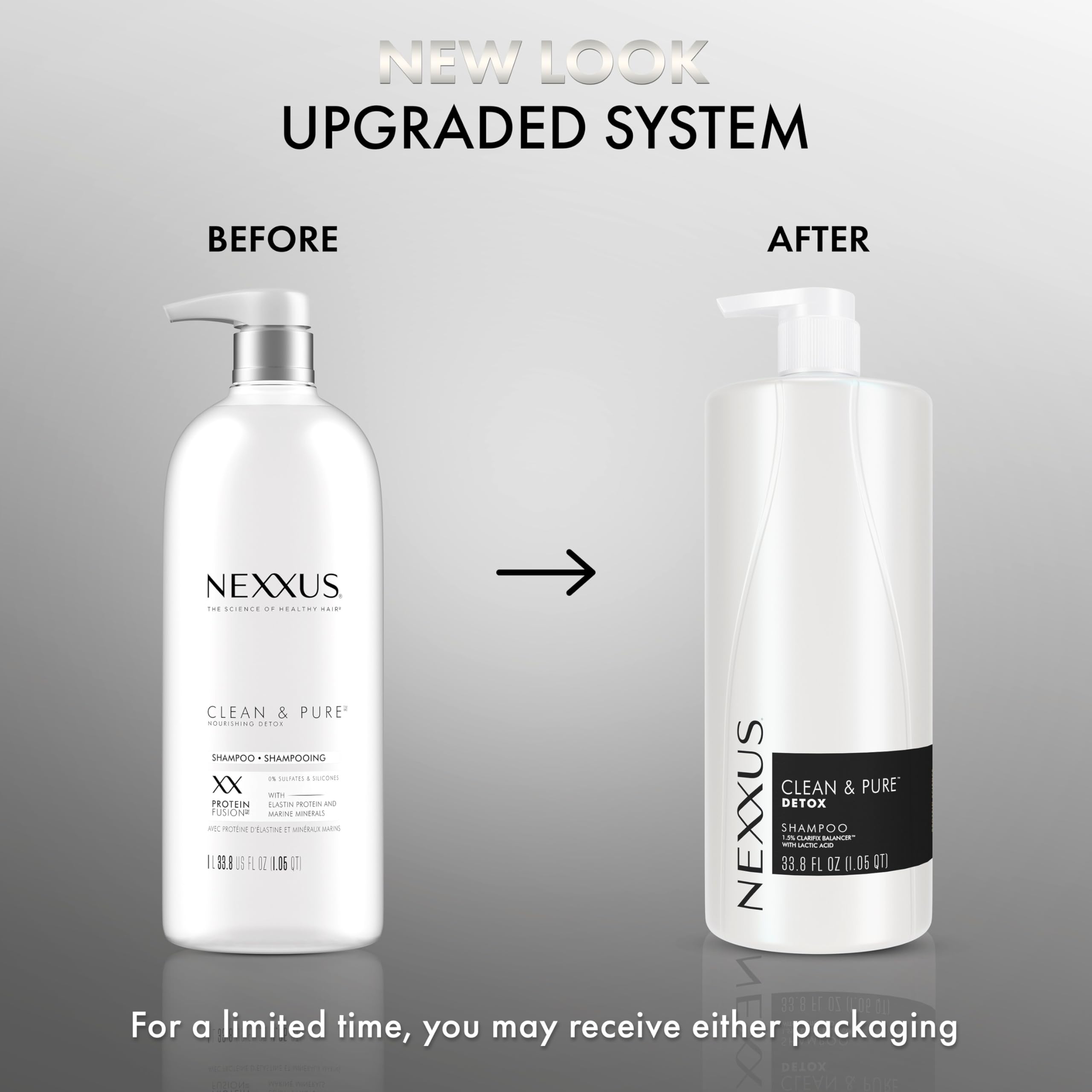 Nexxus Clean & Pure pump-dispense bottle view emphasizes easy daily detox routine