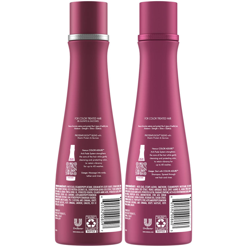 Nexxus Color Assure conditioner bottle pour provides hydrating color-care for smooth color-treated hair.