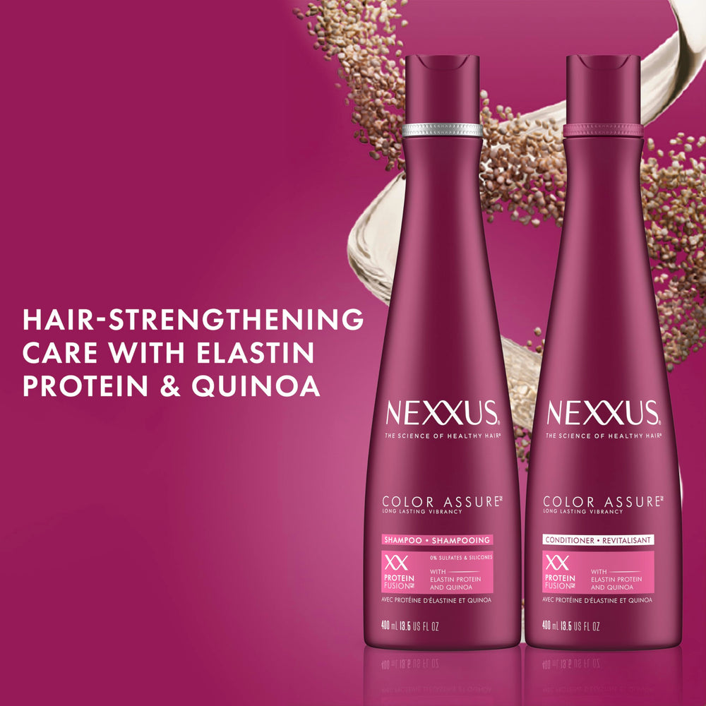Nexxus Color Assure protein-blend ingredients closeup; replenishes amino acids after coloring.