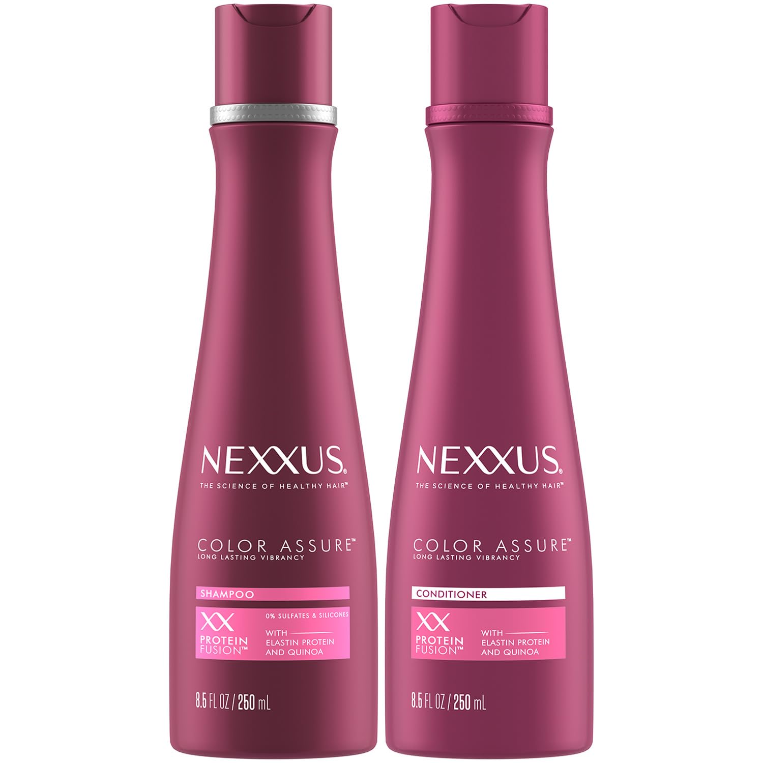 Nexxus Color Assure shampoo bottle pour demonstrates color protection for vibrant hair.