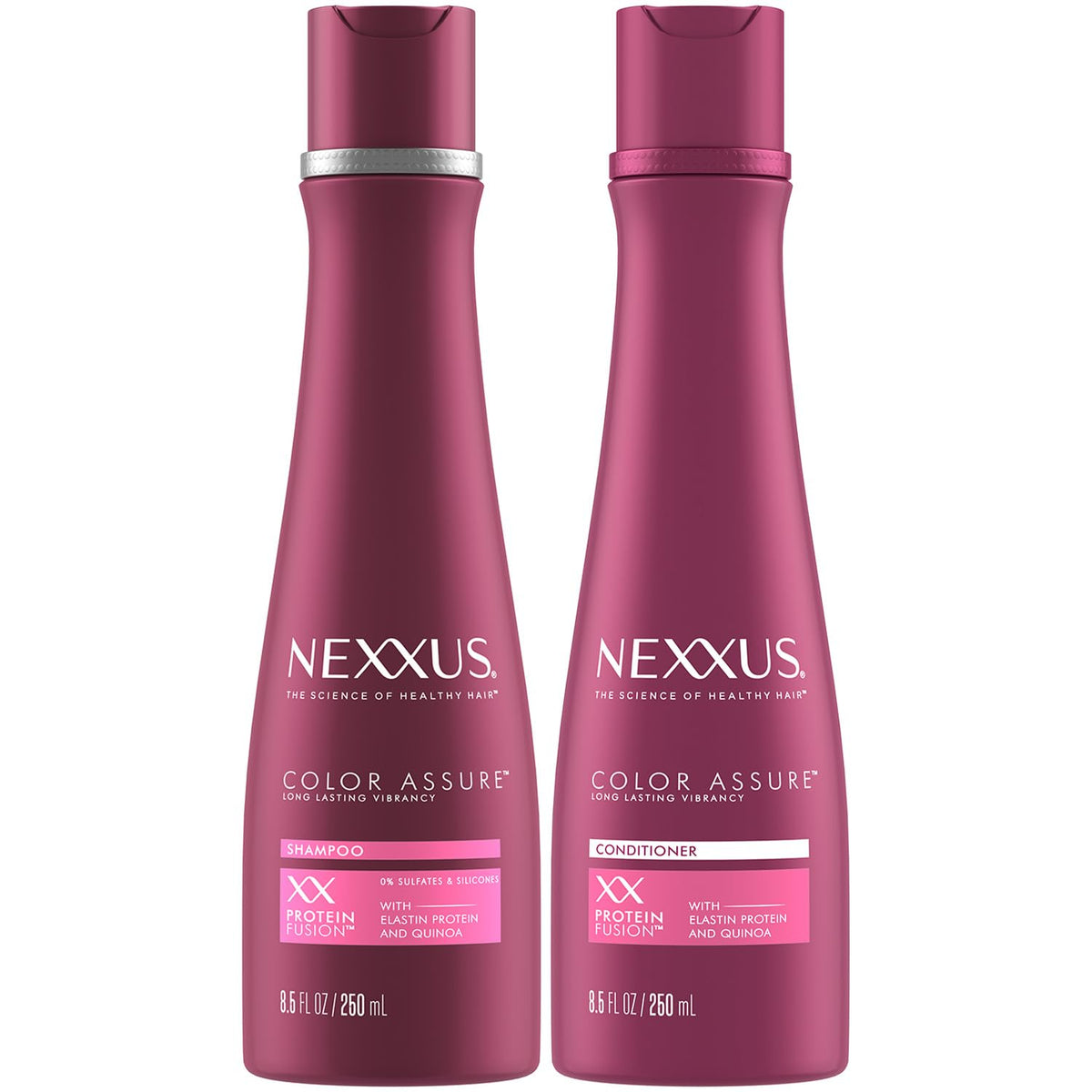 Nexxus Color Assure shampoo bottle pour demonstrates color protection for vibrant hair.