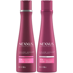 Nexxus Color Assure shampoo bottle pour demonstrates color protection for vibrant hair.