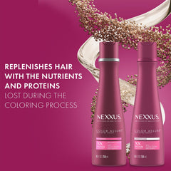 Nexxus Color Assure shampoo foam closeup highlights gentle cleansing that preserves color vibrancy.