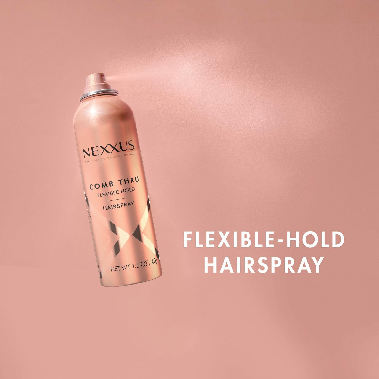 Nexxus Comb Thru hairspray bottle top view emphasizes compact travel-friendly design.