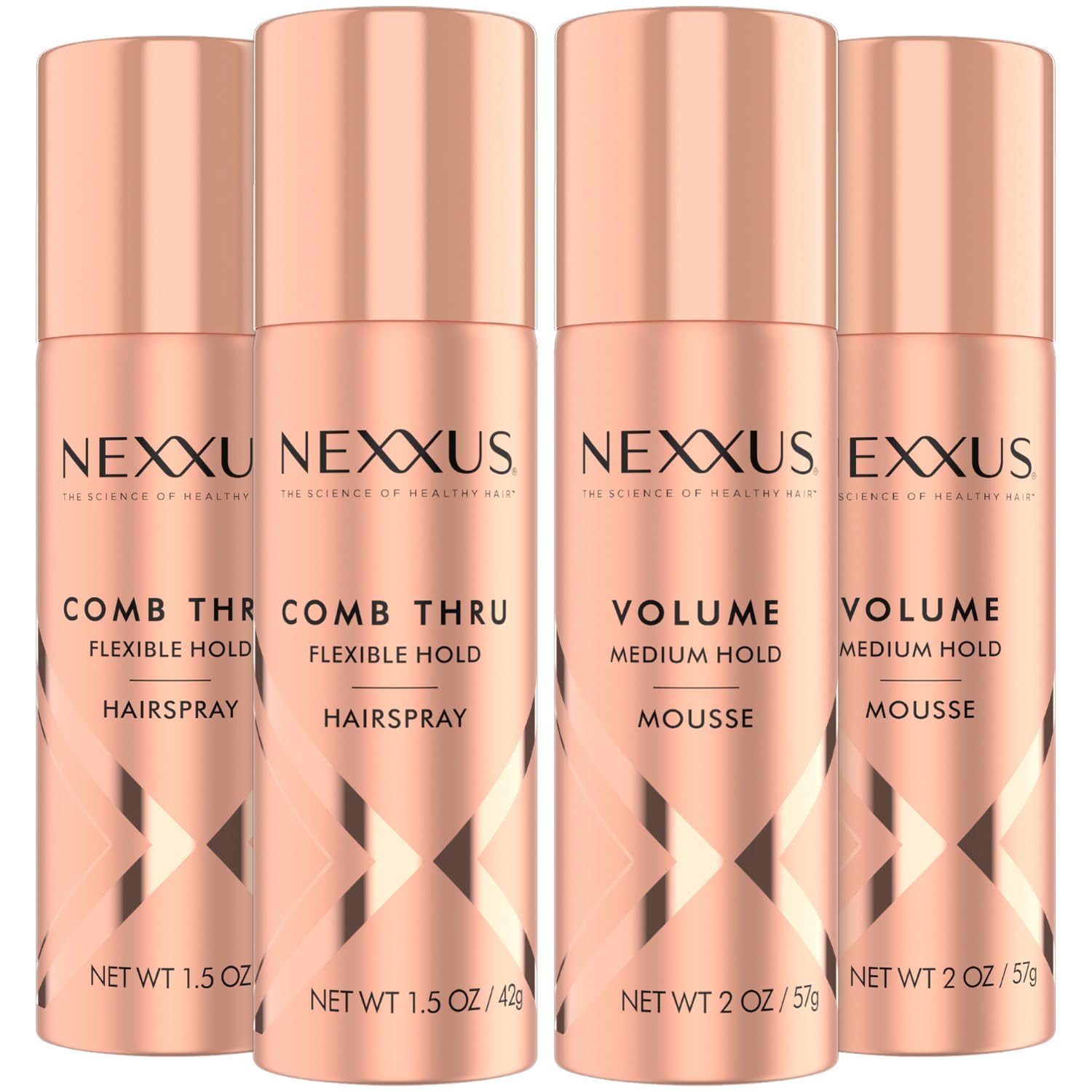 Nexxus Comb Thru travel hairspray bottle showing light brushable hold for on-the-go looks.