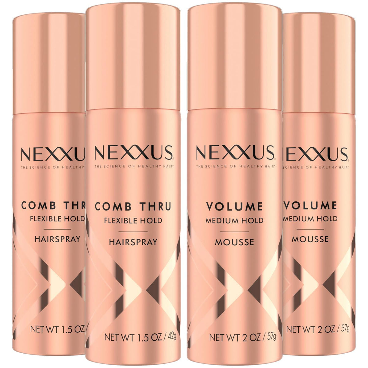 Nexxus Comb Thru travel hairspray bottle showing light brushable hold for on-the-go looks.
