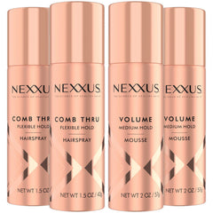 Nexxus Comb Thru travel hairspray bottle showing light brushable hold for on-the-go looks.