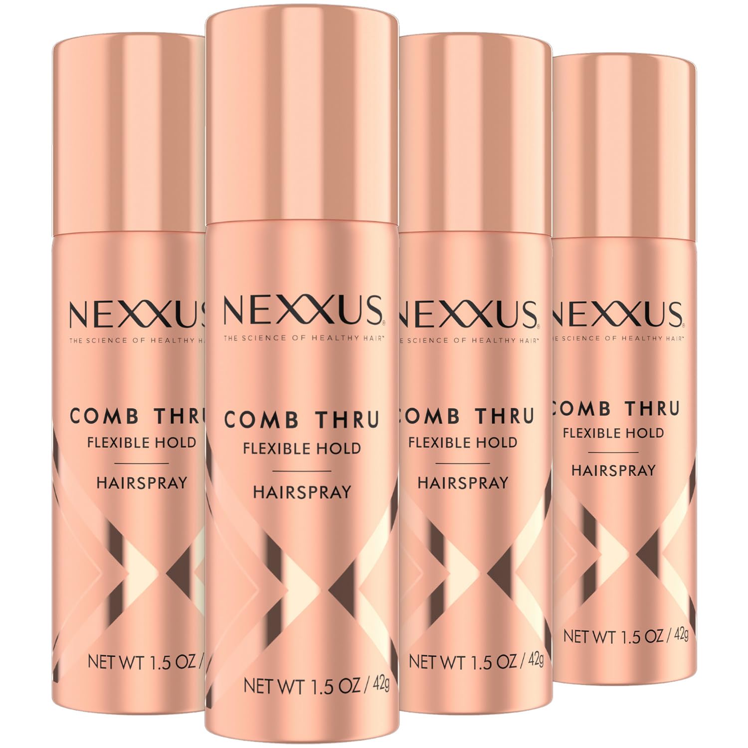 Nexxus Comb Thru travel hairspray rose bottle shows flexible hold for on-the-go styling.