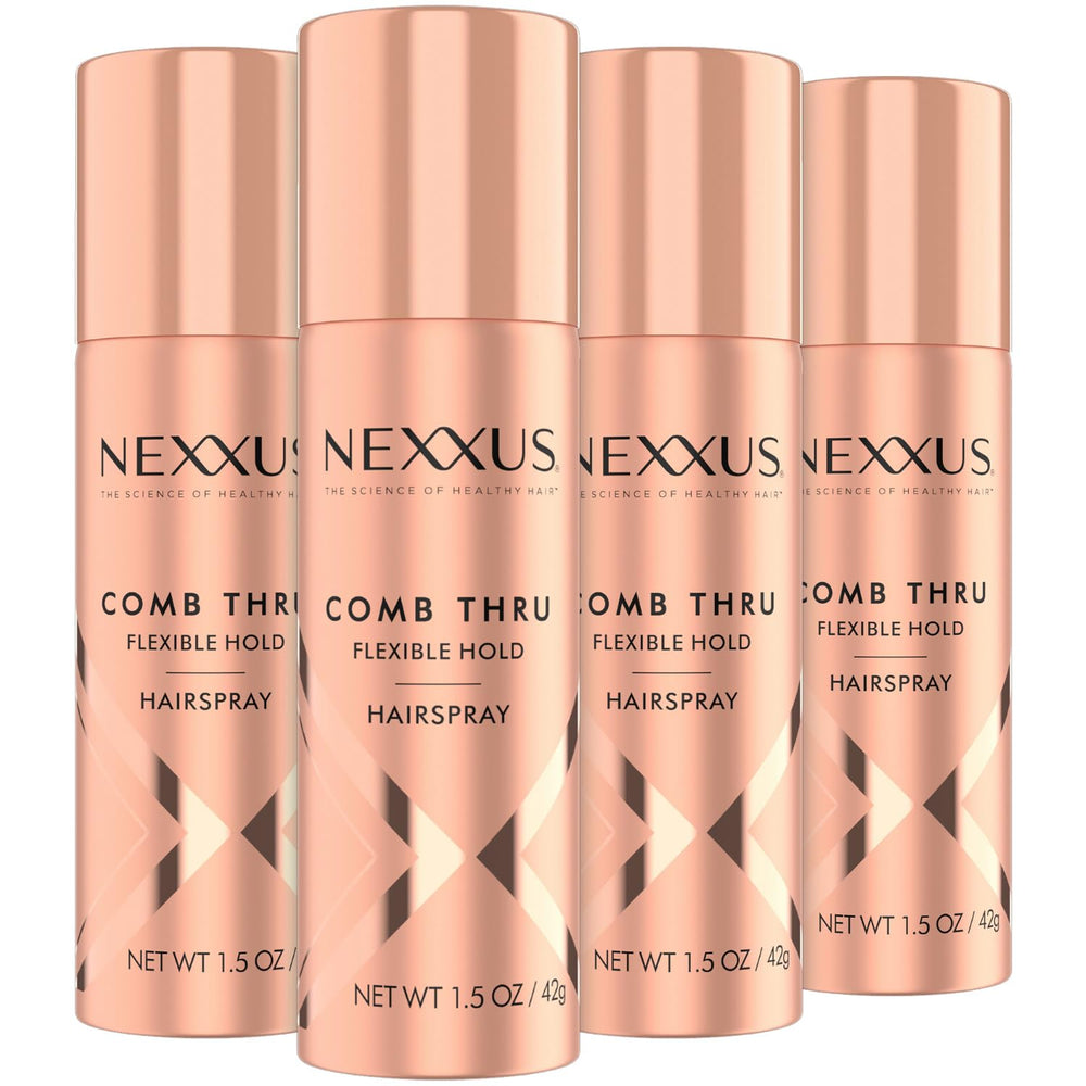 Nexxus Comb Thru travel hairspray rose bottle shows flexible hold for on-the-go styling.