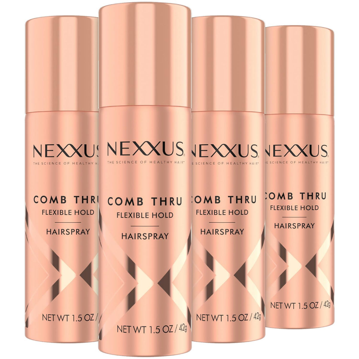 Nexxus Comb Thru travel hairspray rose bottle shows flexible hold for on-the-go styling.