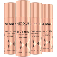 Nexxus Comb Thru travel hairspray rose bottle shows flexible hold for on-the-go styling.