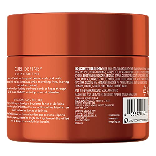 Nexxus Curl Define leave-in cream texture highlights creamy formula for defined curls.