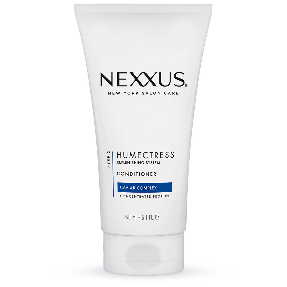 Nexxus Humectress: botella de acondicionador mostrando hidratación profunda para cabello seco.