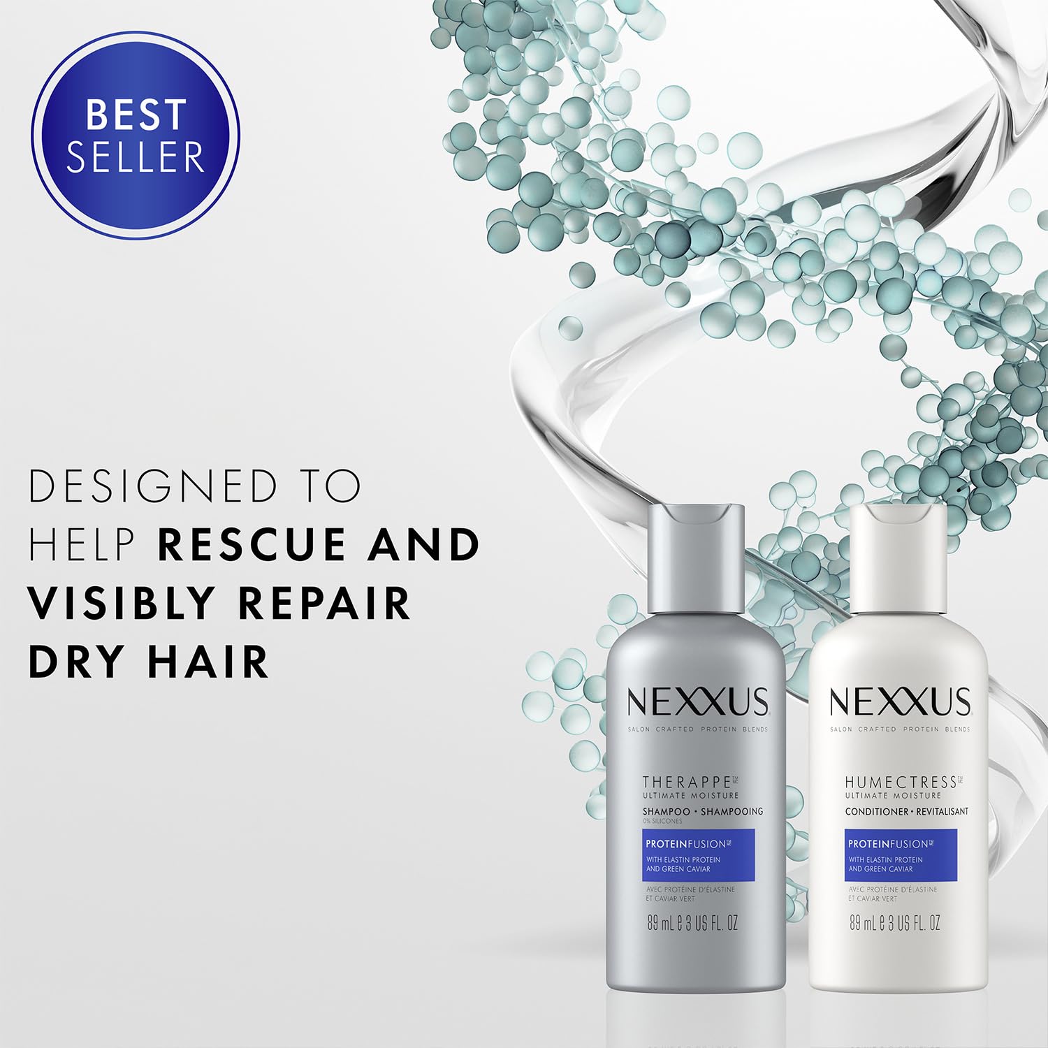 Nexxus Humectress conditioner pour showcases detangling and satin-smooth results.