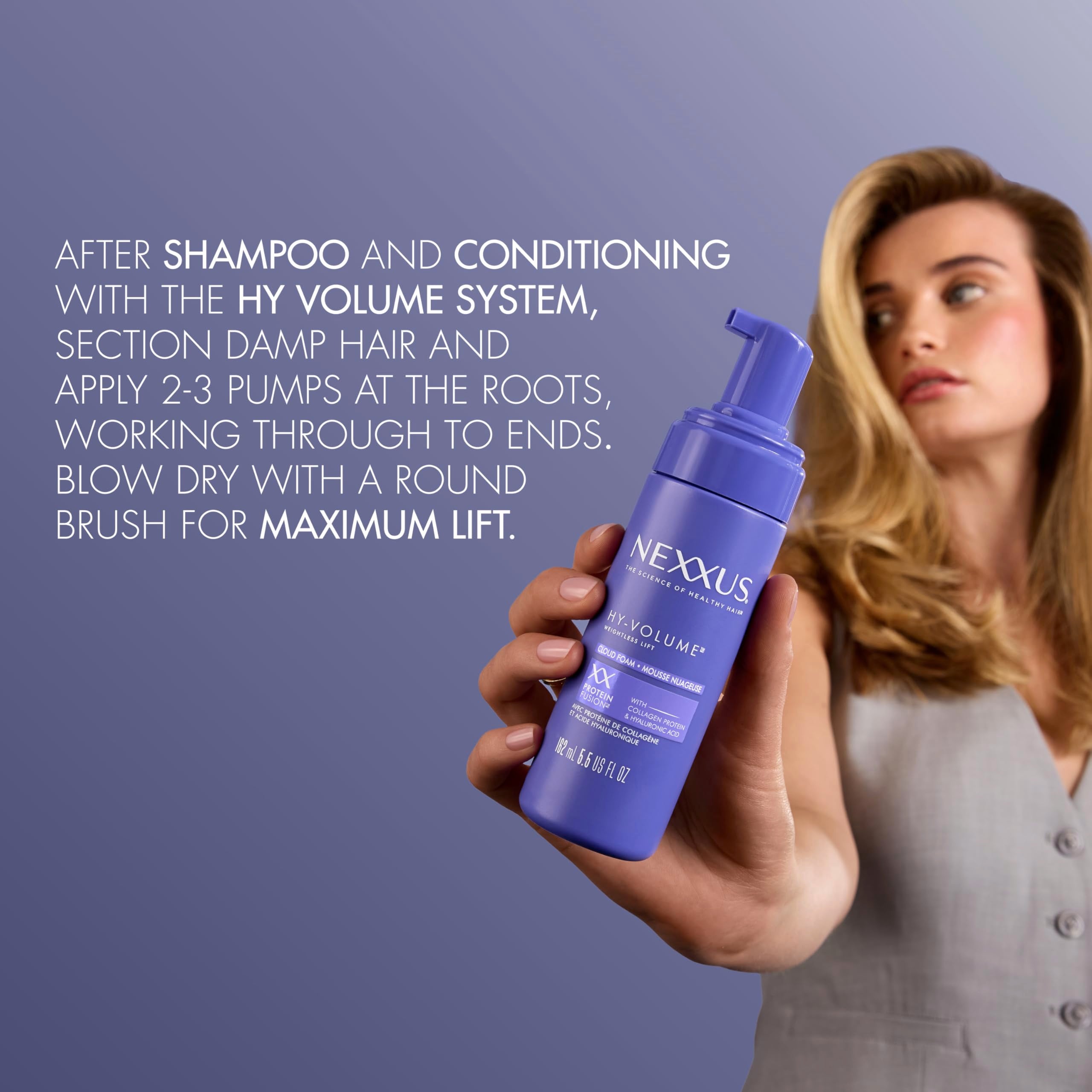 Nexxus HY-VOLUME Cloud Foam bottle in bathroom scene for daily volume boost