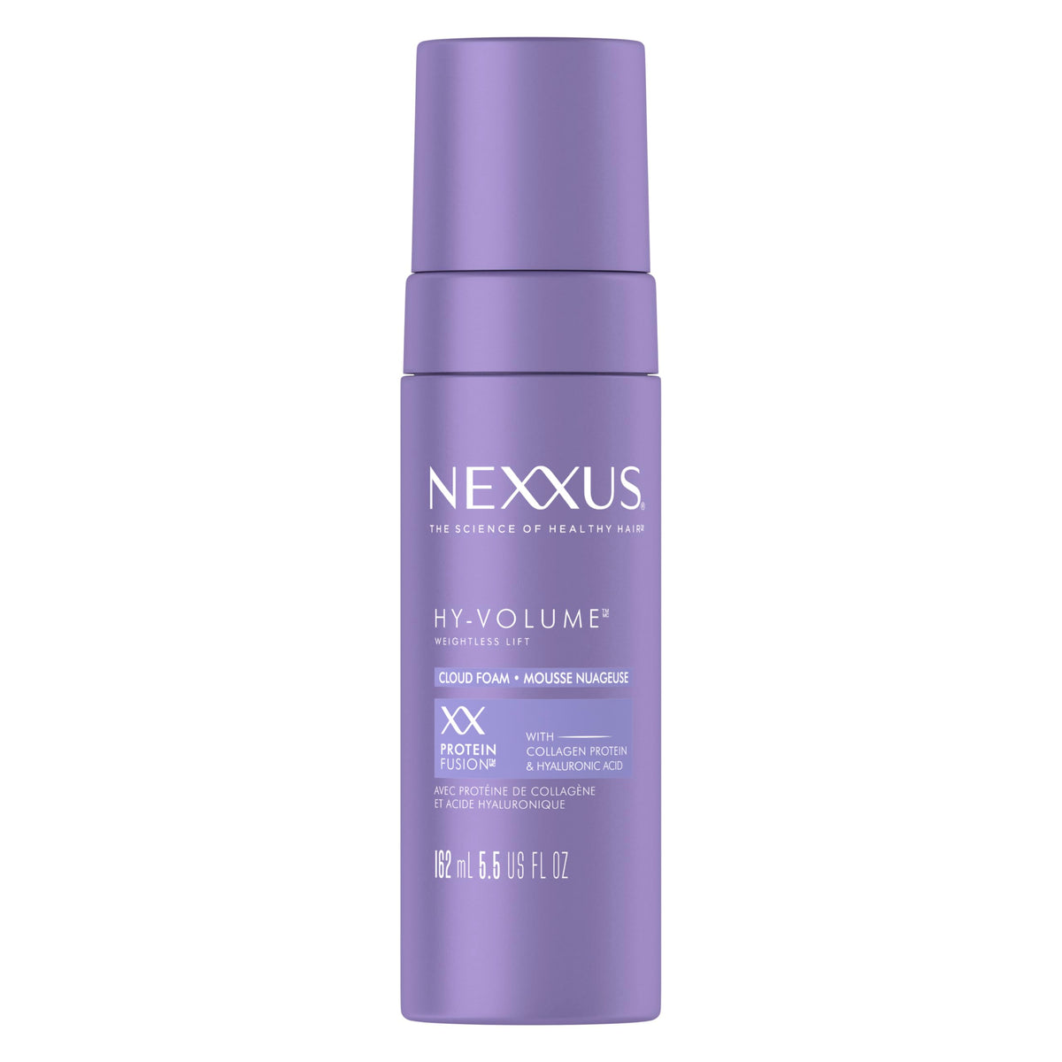 Nexxus HY-VOLUME Cloud Foam bottle front showing weightless lift in one use