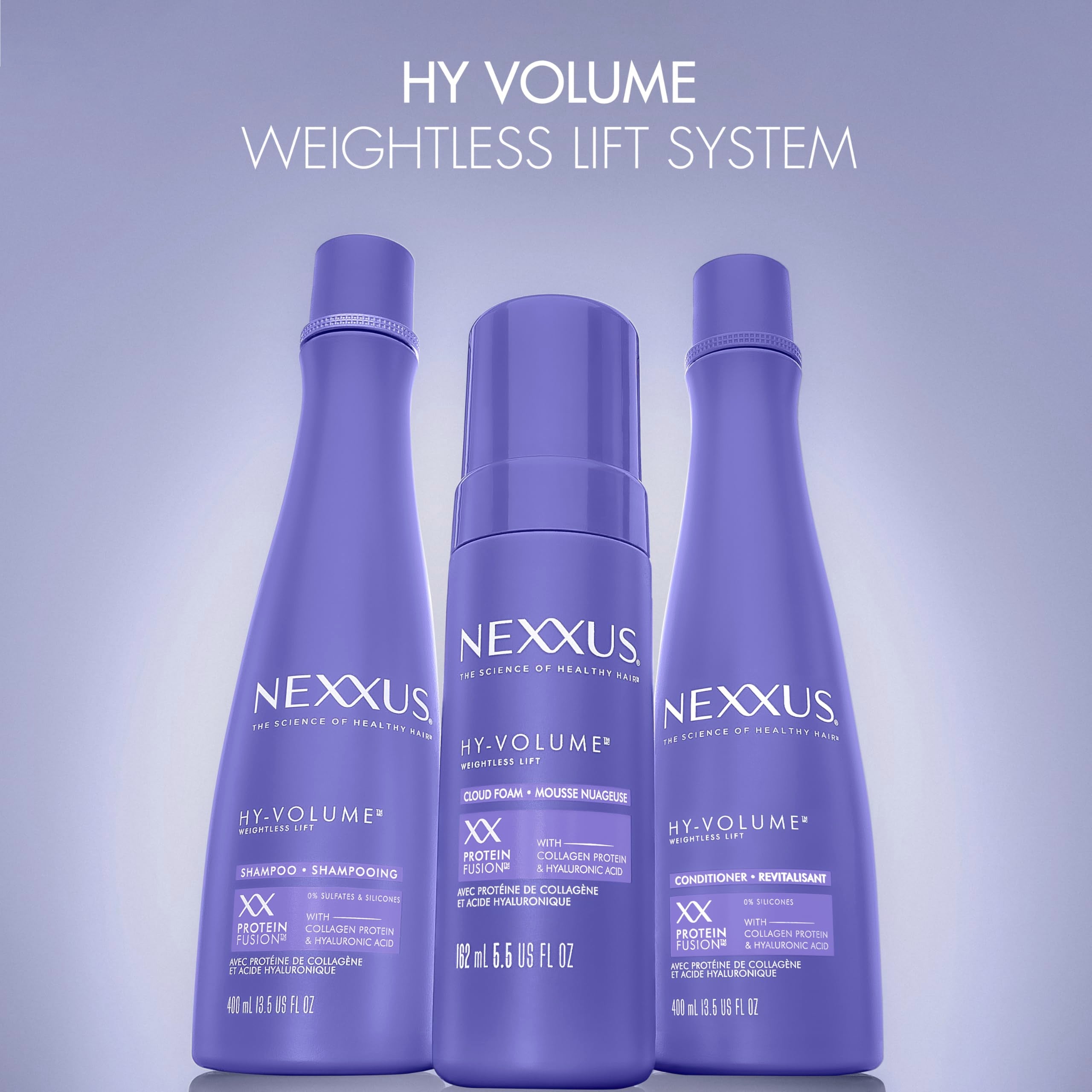 Nexxus HY-VOLUME Cloud Foam application scene showing heat protection during styling