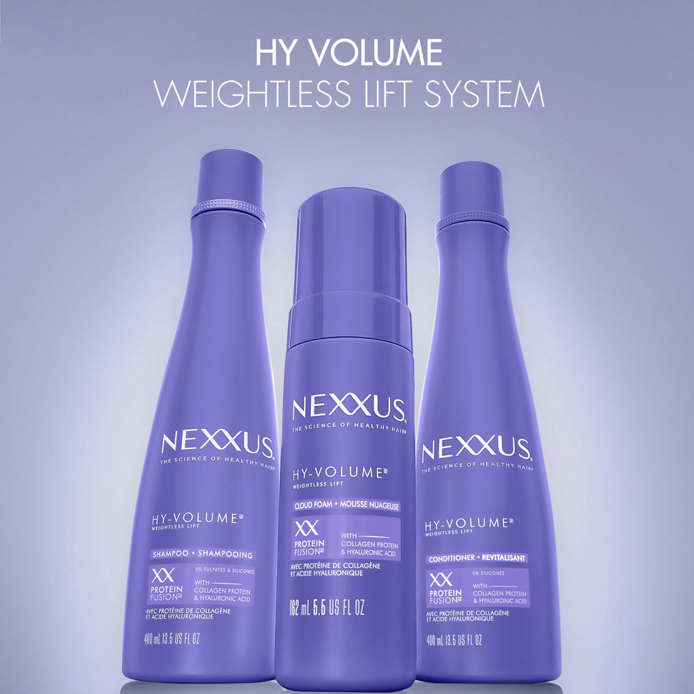 Nexxus HY-VOLUME Cloud Foam application scene showing heat protection during styling