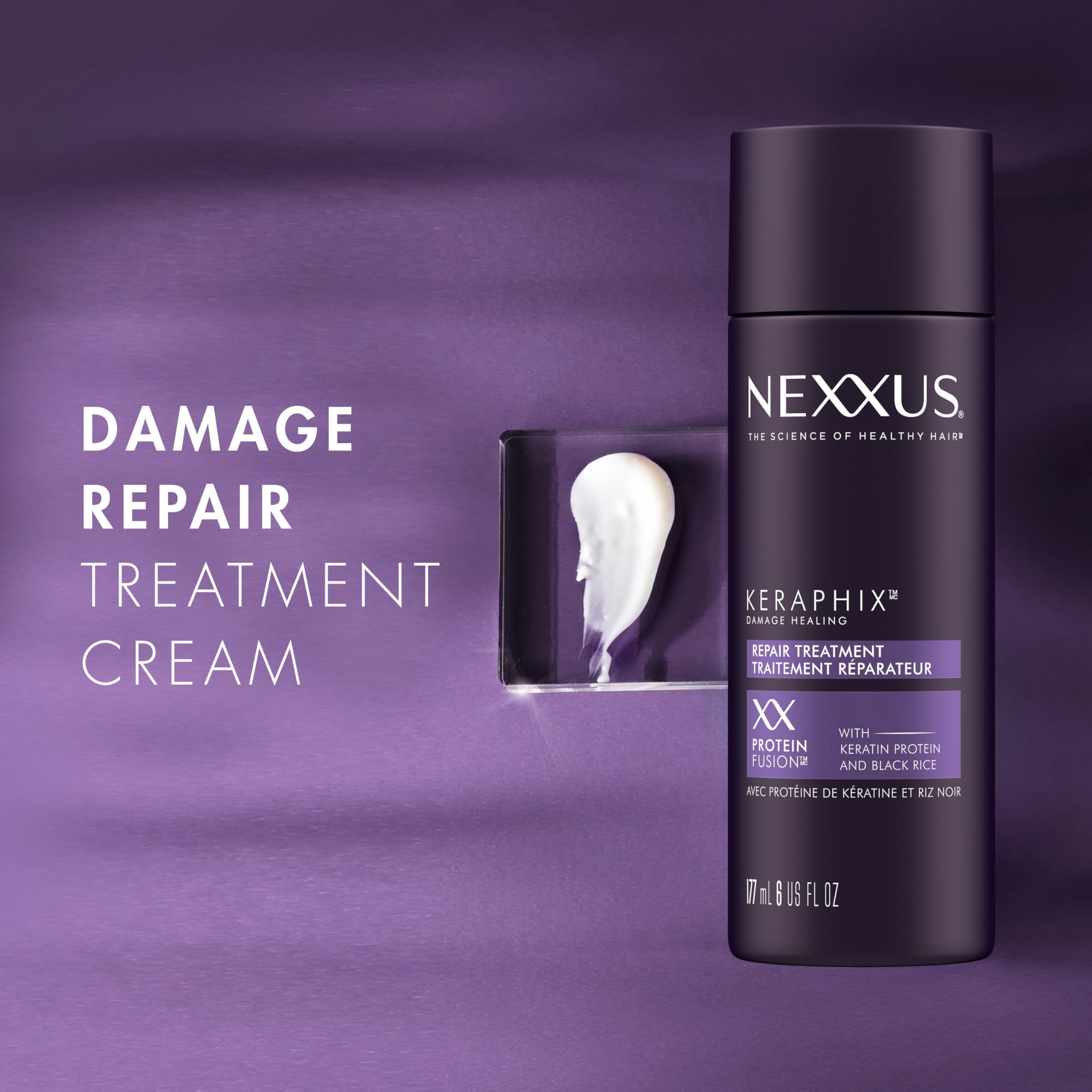 Nexxus Keraphix keratin-protein-black-rice blend bottle signaling nourishing repair