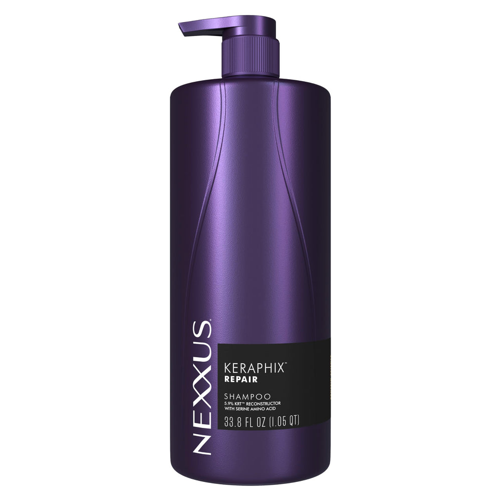 Nexxus Keraphix shampoo bottle highlights protein-infused formula for resilient, healthy-looking hair.