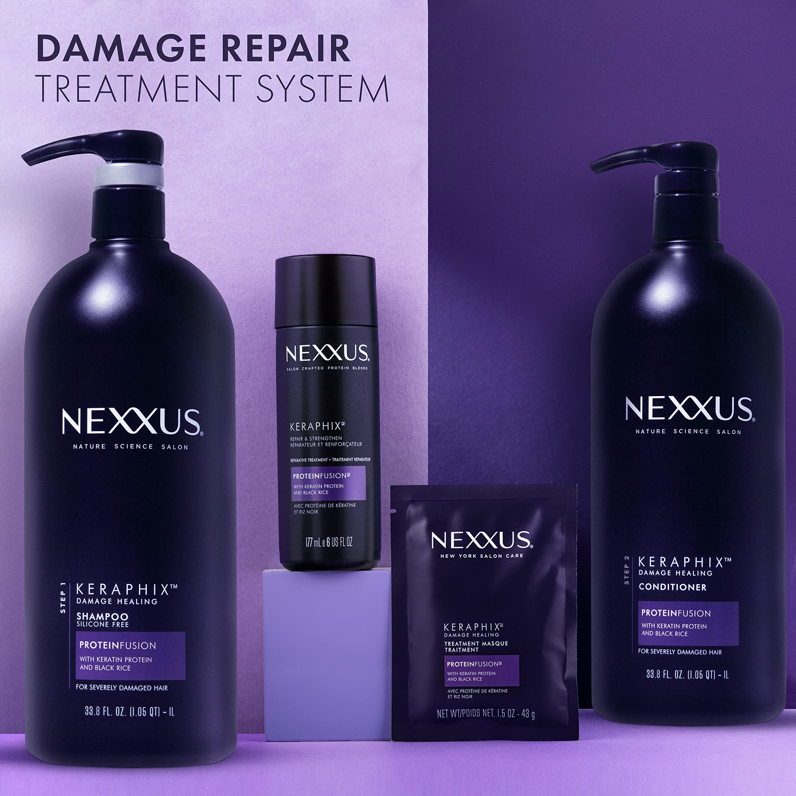 Nexxus Keraphix shampoo color-treated hair shot suggests color-safe care.