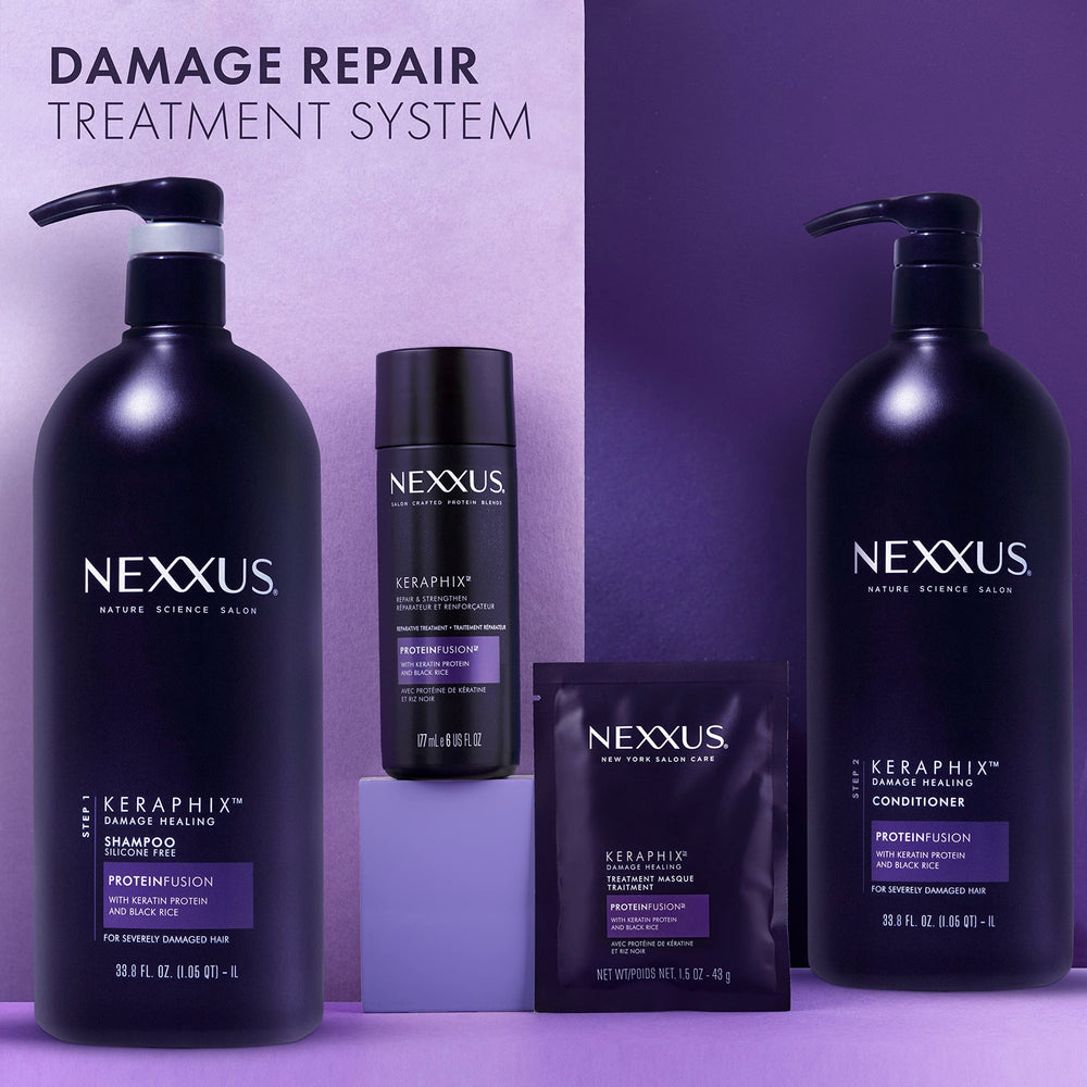 Nexxus Keraphix shampoo color-treated hair shot suggests color-safe care.