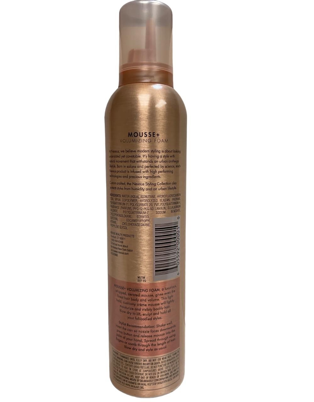 Nexxus Mousse Plus light hold label highlights alcohol-free formula