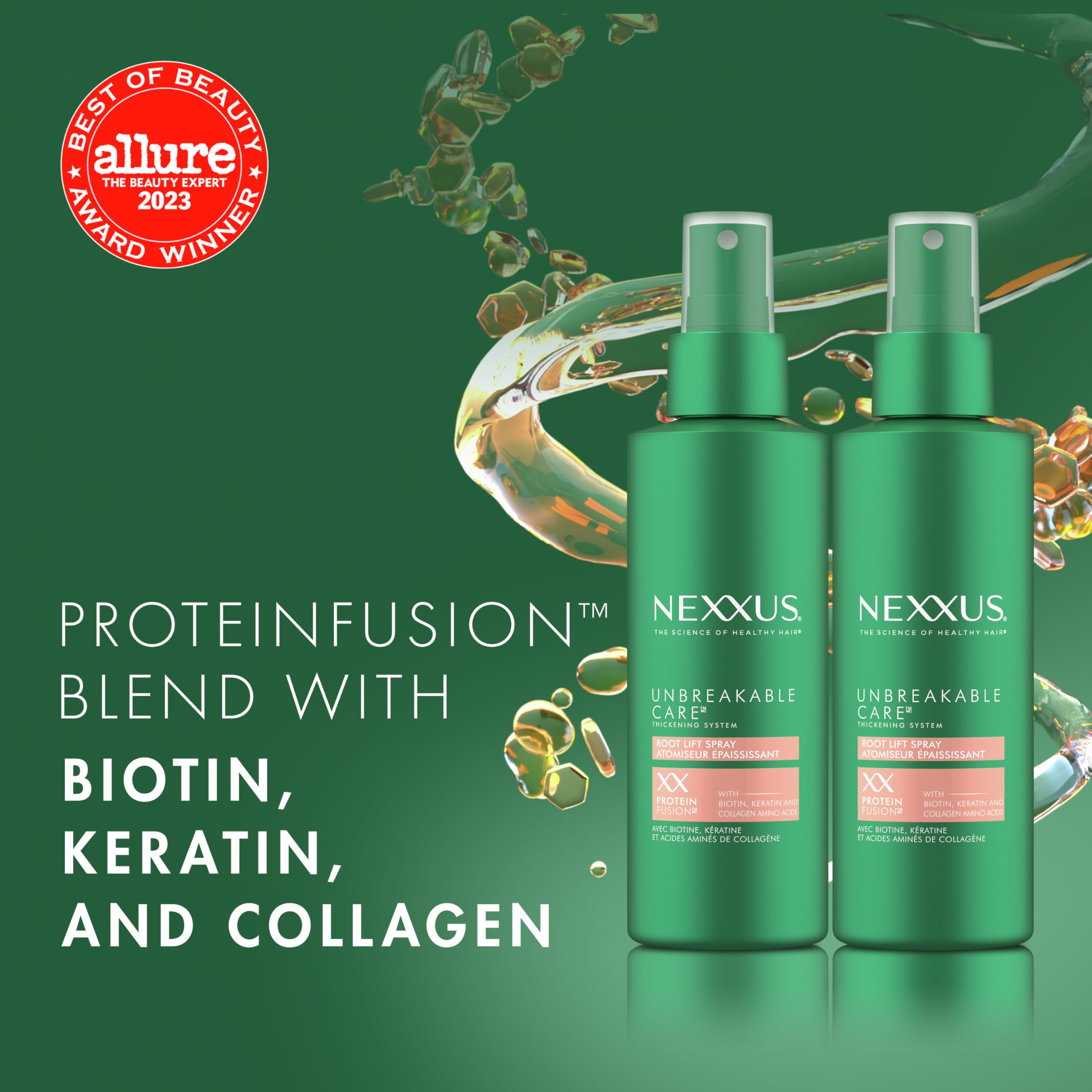 Nexxus Root Lift label close-up highlights ProteinFusion and key ingredients.