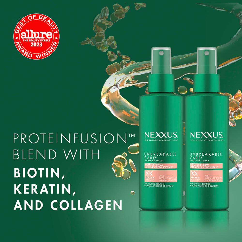 Nexxus Root Lift label close-up highlights ProteinFusion and key ingredients.
