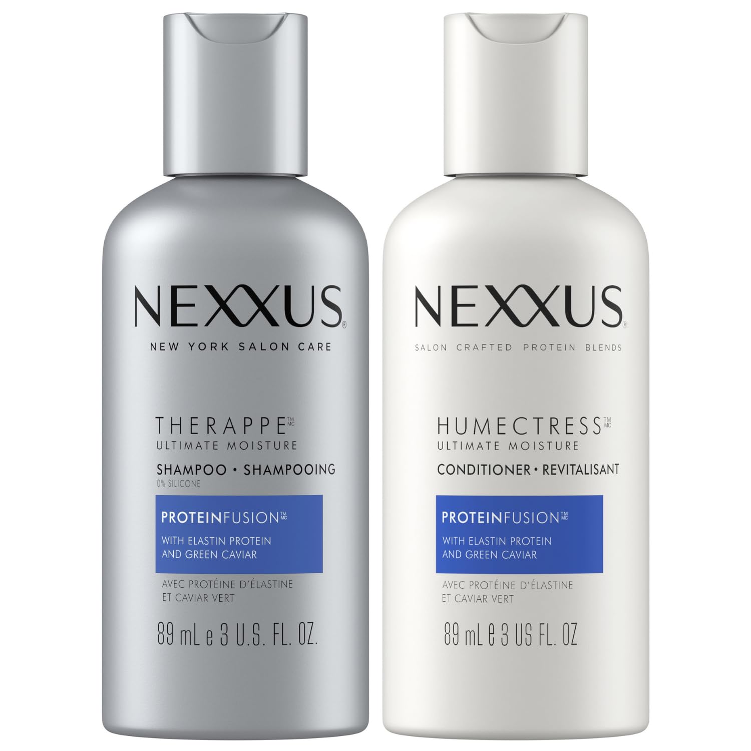 Nexxus Therappe travel-size shampoo bottle shows lasting moisture for dry hair.