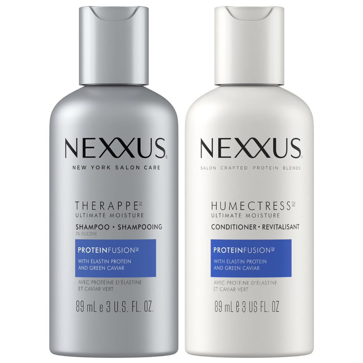 Nexxus Therappe travel-size shampoo bottle shows lasting moisture for dry hair.