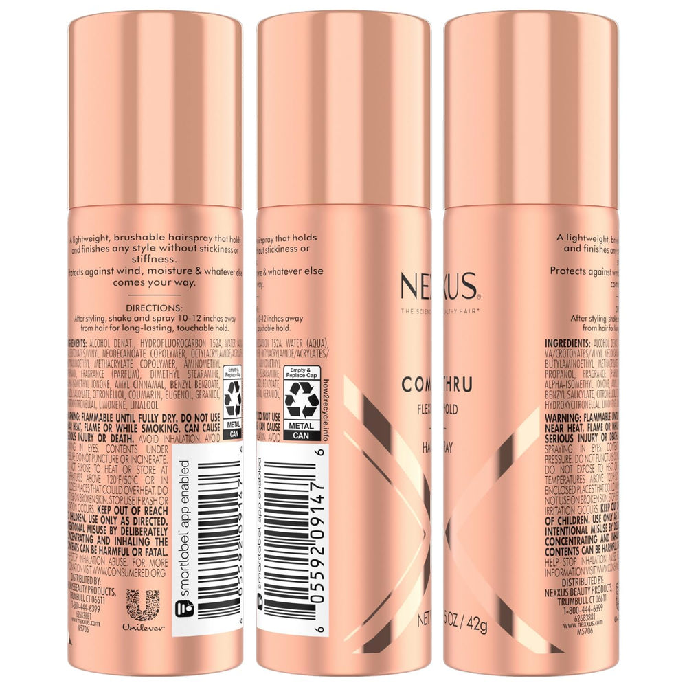 Nexxus Travel Hairspray 1.5 oz bottle demonstrates portable design for travel.