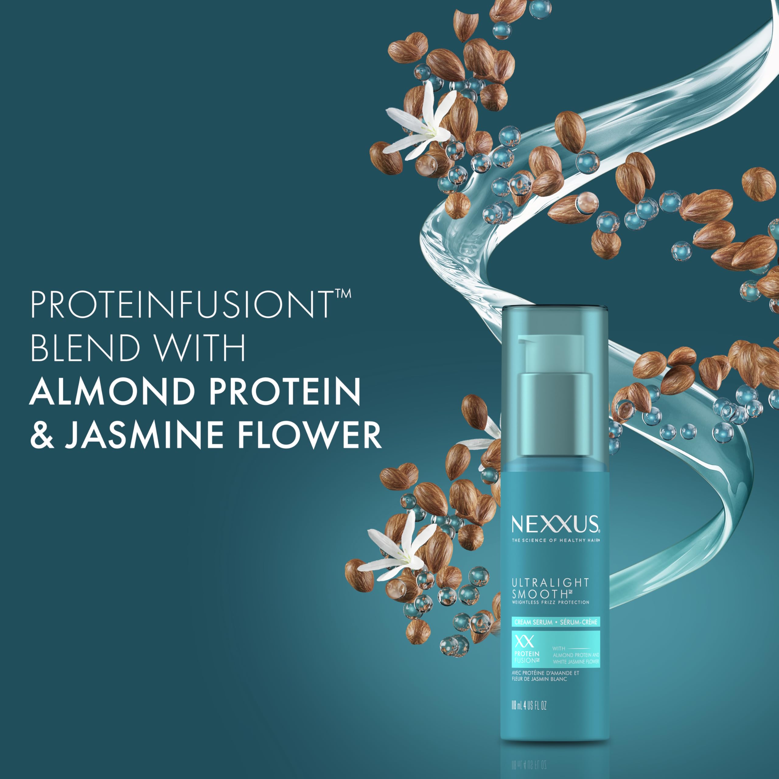Nexxus Ultralight Smooth Serum on hair demonstrates frizz taming and sleek ends