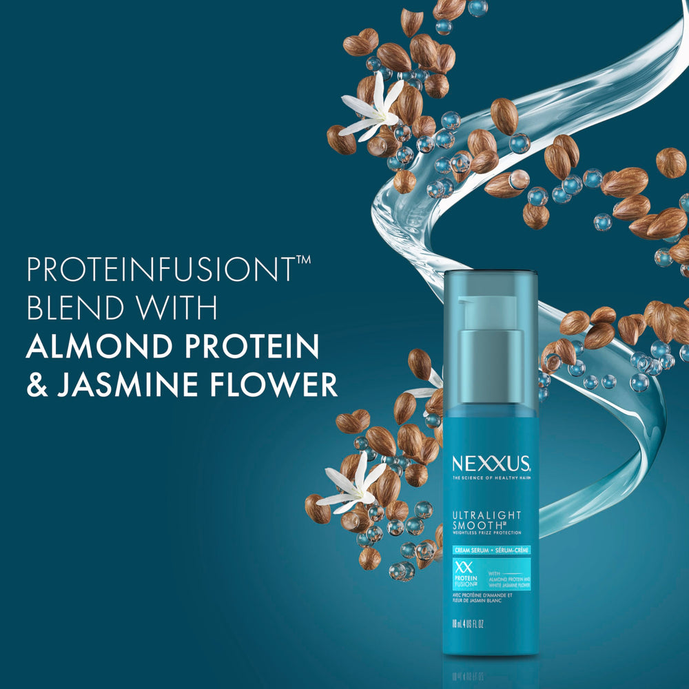 Nexxus Ultralight Smooth Serum on hair demonstrates frizz taming and sleek ends