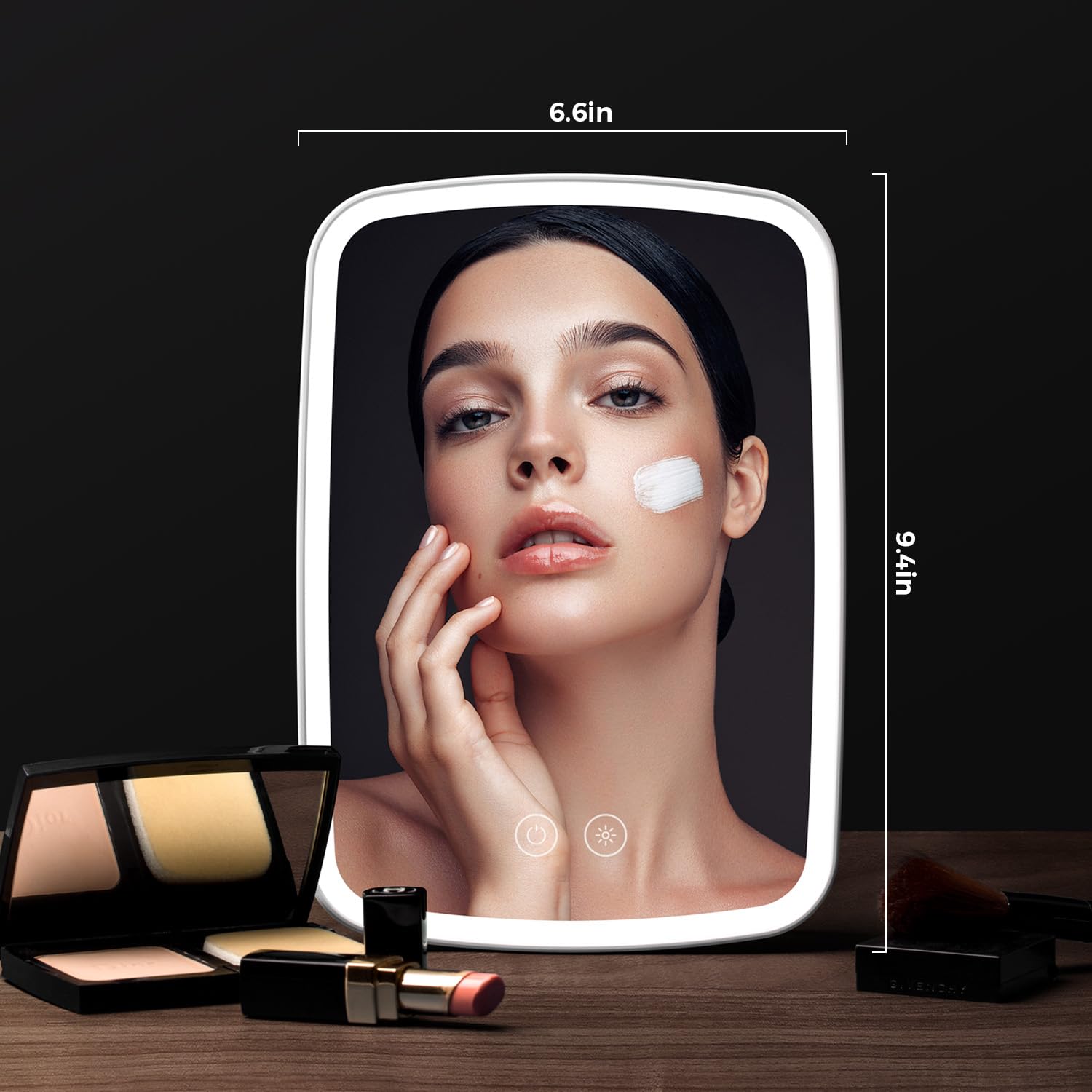 NEZZOE lighted makeup mirror LED on showing even lighting for precise application.