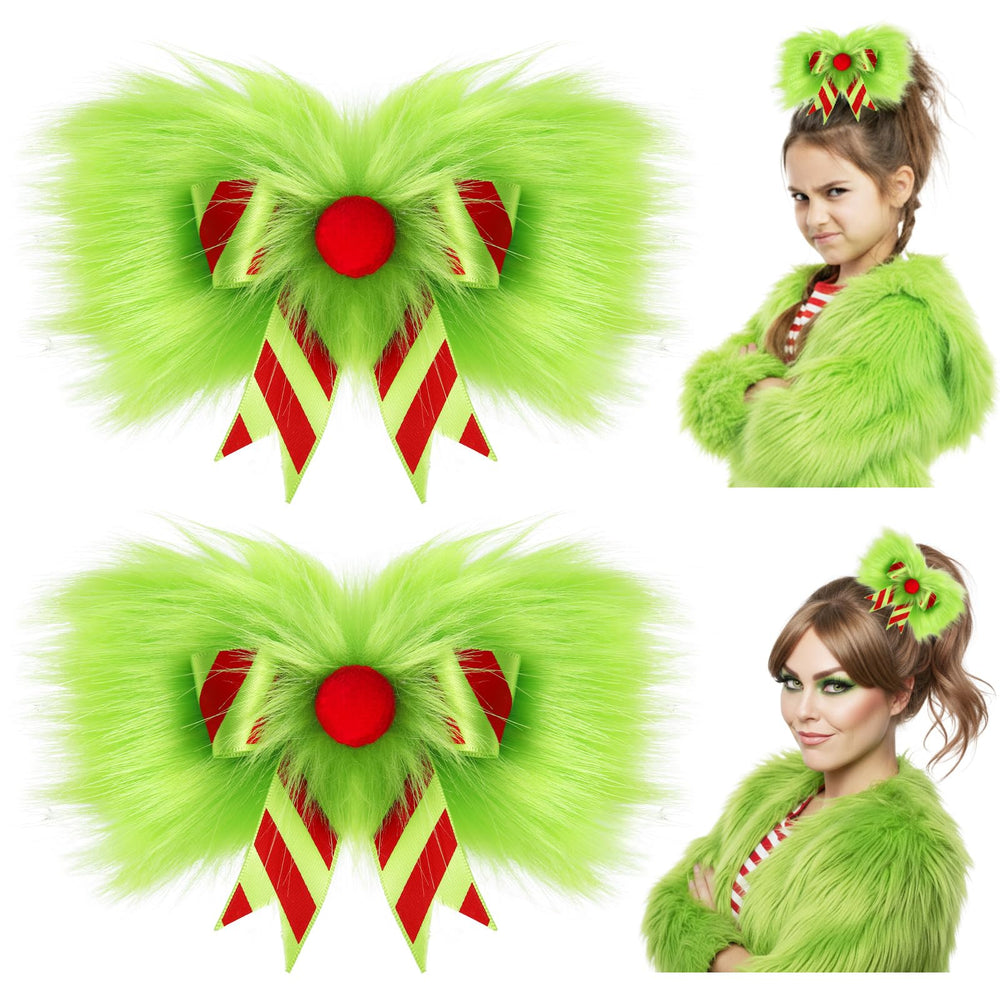 NFAMRZCAR 2pc Christmas hair bow closeup shows fluffy green fur for festive flair